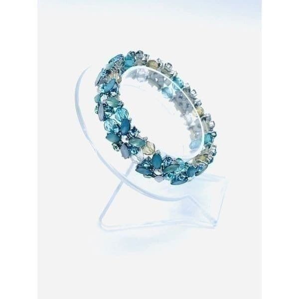 New Blue Green Multicolor Crystal Silvertone Stretch Bracelet - Thumbnail 4