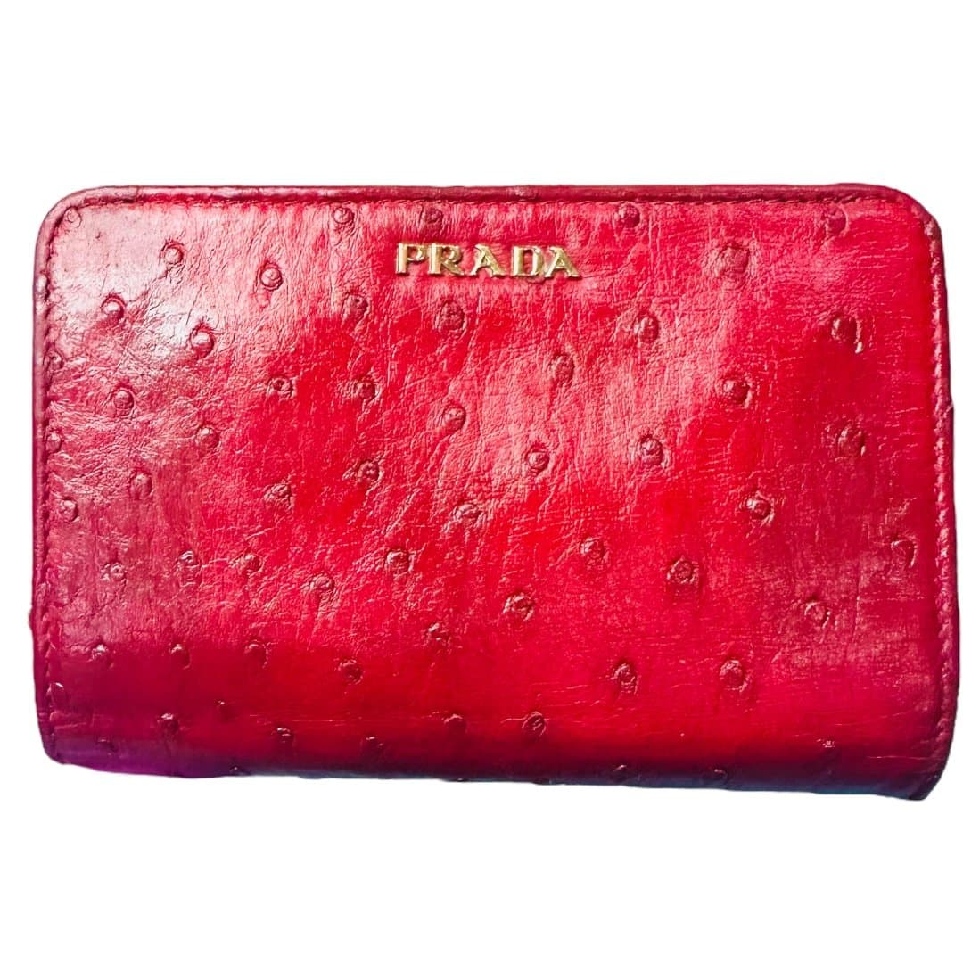 PRADA Red Goldtone Luxury Ostrich Leather Wallet Cardholder w/ COA ~ RARE