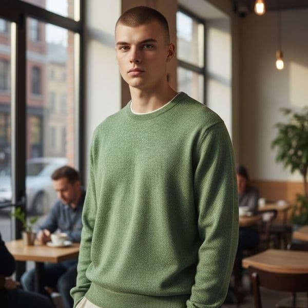 ALAN FLUSSER 100% Pure Cashmere Crewneck Sweater Green Men’s Classic Soft Luxury