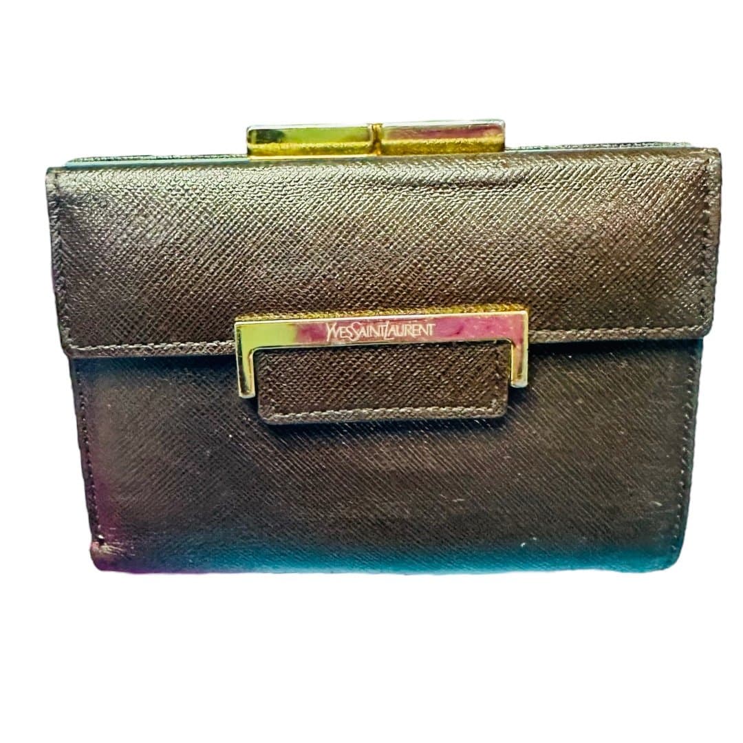YSL YVES SAINT LAURENT Dark Brown Goldtone Saffiano Leather Kisslock Wallet Card