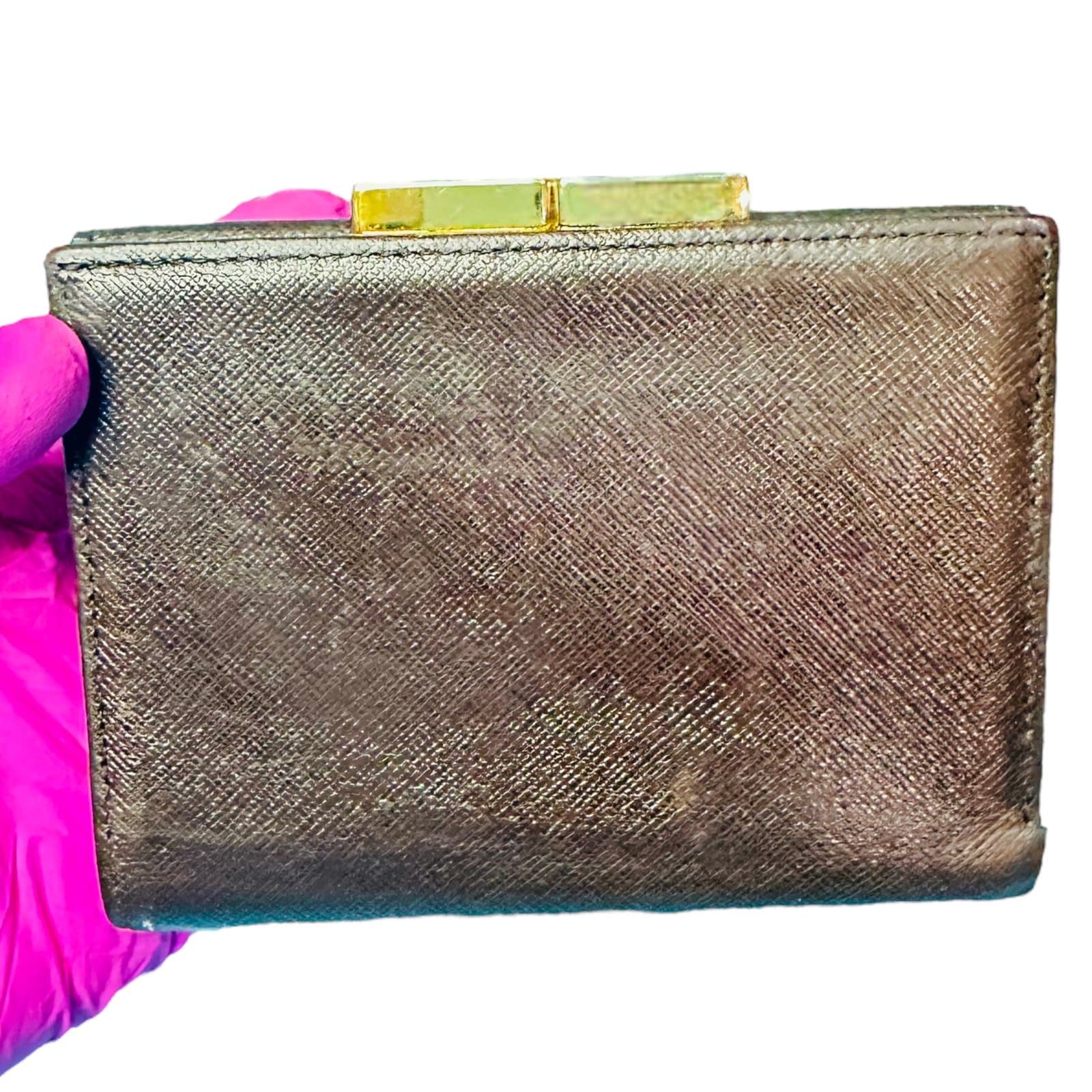 YSL YVES SAINT LAURENT Dark Brown Goldtone Saffiano Leather Kisslock Wallet Card - Thumbnail 6