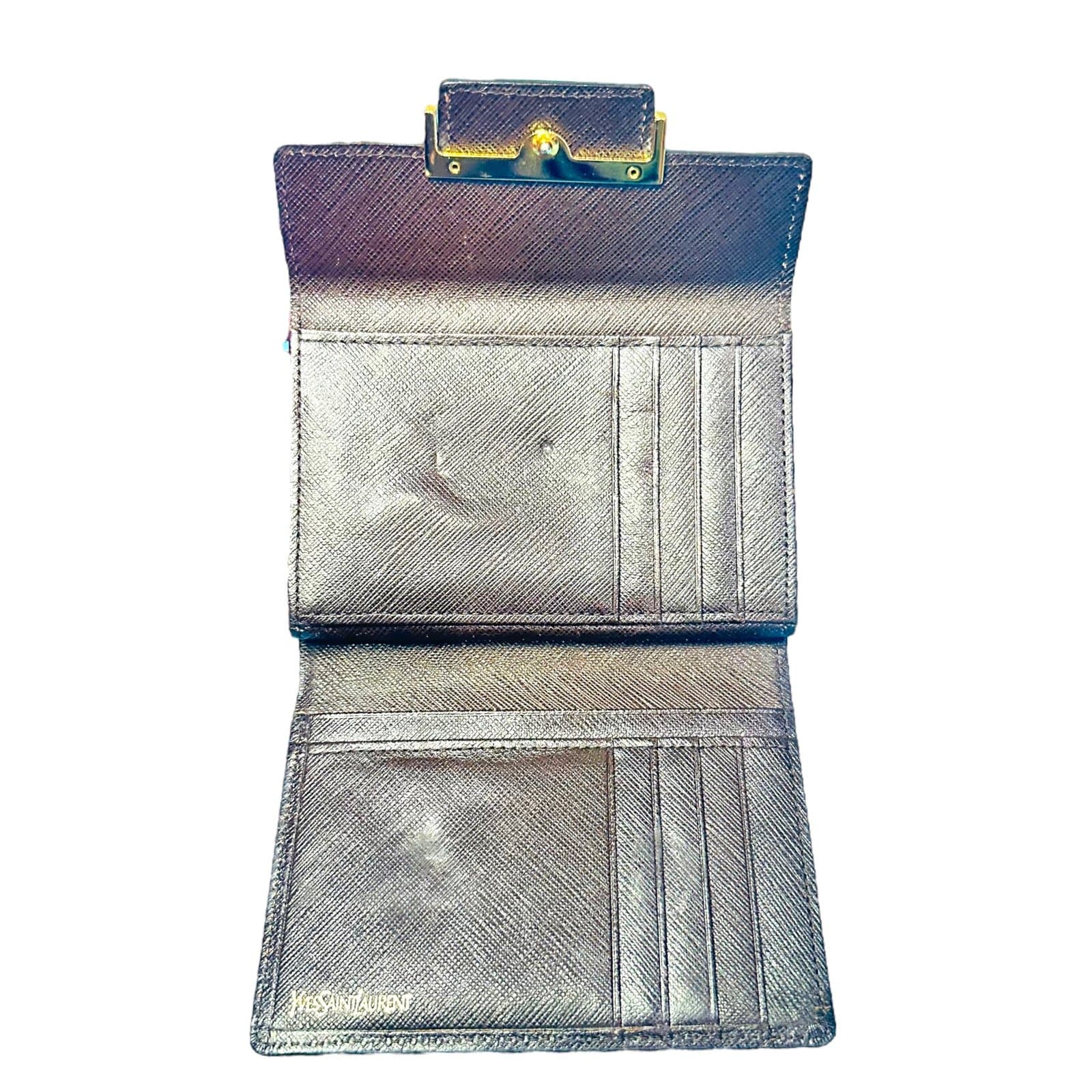 YSL YVES SAINT LAURENT Dark Brown Goldtone Saffiano Leather Kisslock Wallet Card - Thumbnail 4