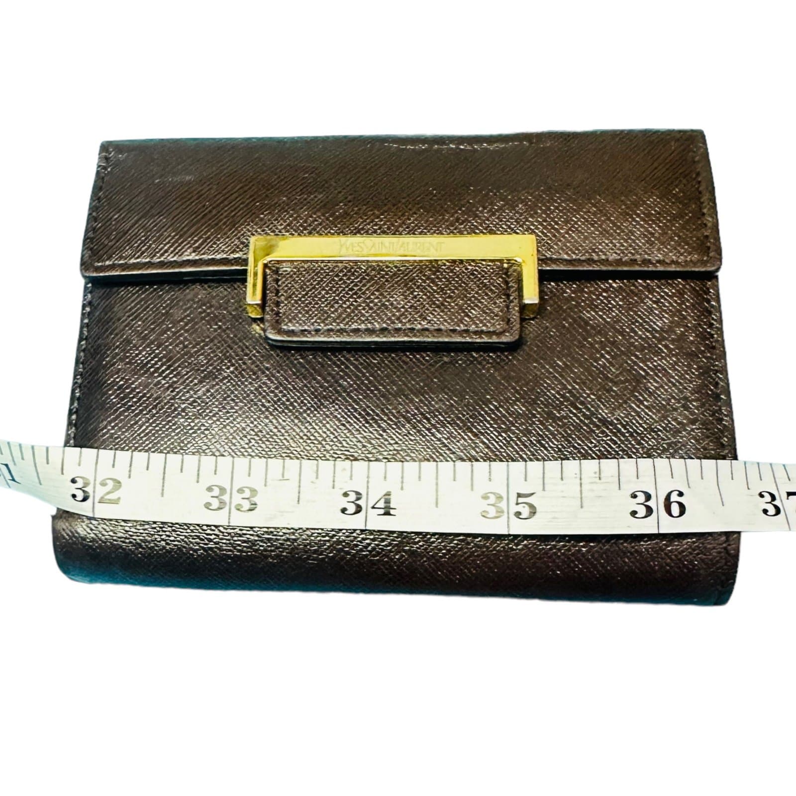 YSL YVES SAINT LAURENT Dark Brown Goldtone Saffiano Leather Kisslock Wallet Card - Thumbnail 2