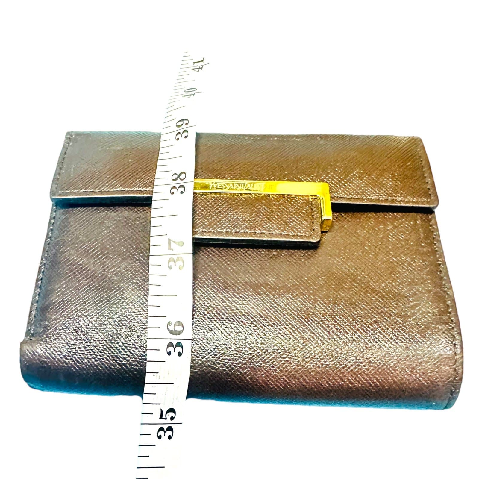 YSL YVES SAINT LAURENT Dark Brown Goldtone Saffiano Leather Kisslock Wallet Card - Thumbnail 3