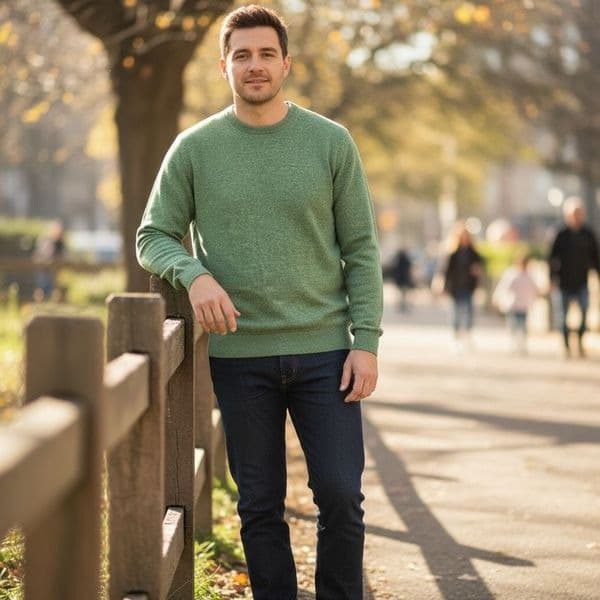 ALAN FLUSSER 100% Pure Cashmere Crewneck Sweater Green Men’s Classic Soft Luxury - Thumbnail 4