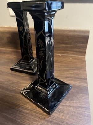 Antique Amethyst Candle Holders Set Of 2 Black With Gold Floral Painting - Thumbnail 4