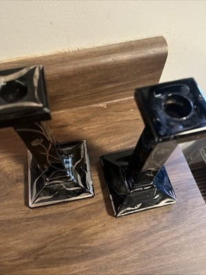 Antique Amethyst Candle Holders Set Of 2 Black With Gold Floral Painting - Thumbnail 3