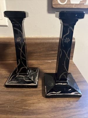 Antique Amethyst Candle Holders Set Of 2 Black With Gold Floral Painting - Image 1