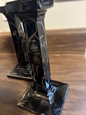 Antique Amethyst Candle Holders Set Of 2 Black With Gold Floral Painting - Thumbnail 5