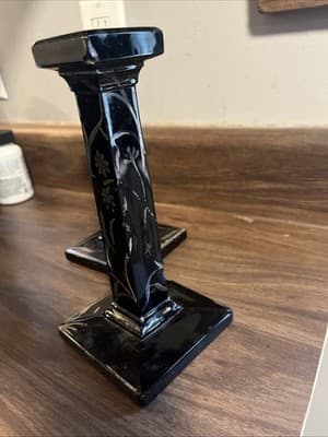 Antique Amethyst Candle Holders Set Of 2 Black With Gold Floral Painting - Thumbnail 6