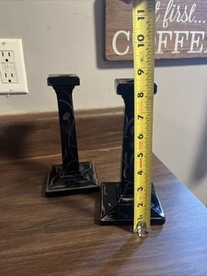 Antique Amethyst Candle Holders Set Of 2 Black With Gold Floral Painting - Thumbnail 7