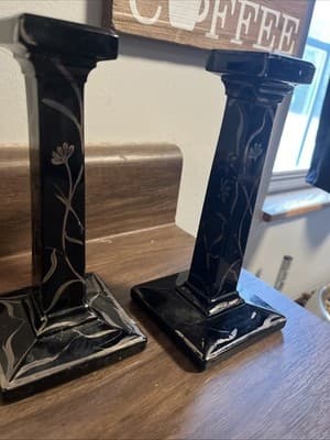 Antique Amethyst Candle Holders Set Of 2 Black With Gold Floral Painting - Thumbnail 2