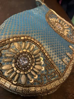 Turquoise Beaded Potli Bag Purse. Hindi Fabric Satin Purse - Thumbnail 3