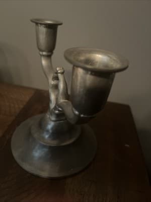 Vintage Backhaus Hammered Pewter Denmark Pair of 2 Candle Holders On One Unit S - Thumbnail 3