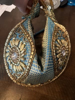 Turquoise Beaded Potli Bag Purse. Hindi Fabric Satin Purse - Thumbnail 2