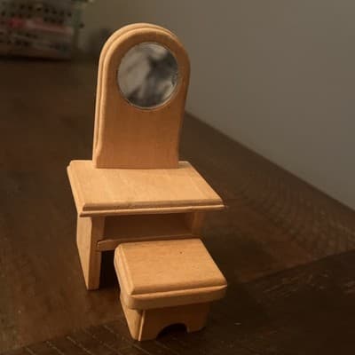 Dollhouse Miniature Playstuf Wood Oak Vanity with Stool - Image 1