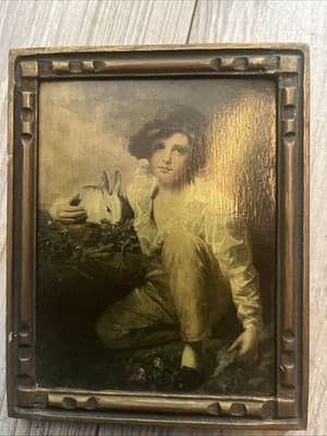 V.M.C Prints -Vintage Framed Titled “Boy With A Rabbit” By painter Raeburn - Image 1