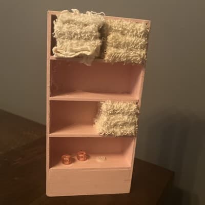Vintage Dollhouse Pink Bathroom Cabinet Shelf Towels And Bathroom Shelving - Image 1