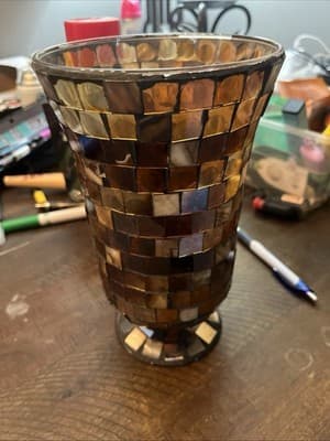 Mosaic Glass Planter Vase 9” Brown Tan Flared Footed Candle Holder Read - Image 1