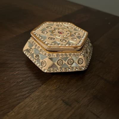 Vintage Octogon Jewelry Pill Trinket Box Rhinestones Mirrors Indian Inspired - Image 1