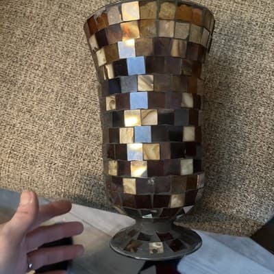 Mosaic Glass Planter Vase 9” Brown Tan Flared Footed Candle Holder Read - Thumbnail 7