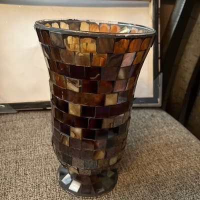 Mosaic Glass Planter Vase 9” Brown Tan Flared Footed Candle Holder Read - Thumbnail 2