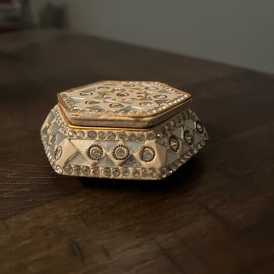 Vintage Octogon Jewelry Pill Trinket Box Rhinestones Mirrors Indian Inspired - Thumbnail 3