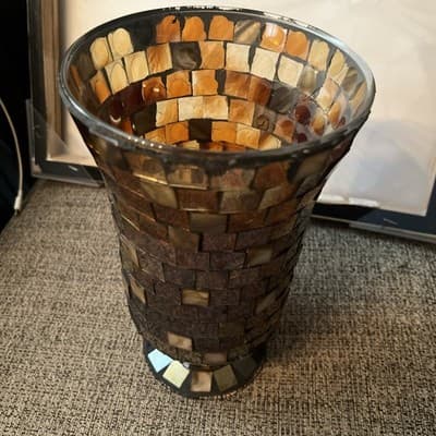 Mosaic Glass Planter Vase 9” Brown Tan Flared Footed Candle Holder Read - Thumbnail 3