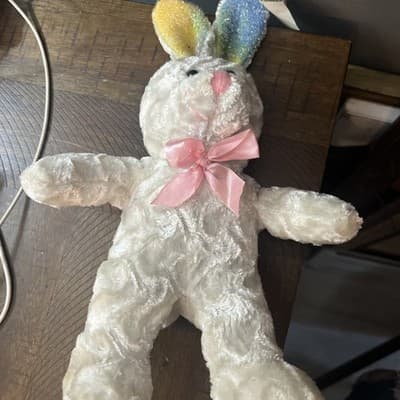 Vintage Plush Rabbit 13” Multicolored Ears With Pink Bow 🎀 - Thumbnail 2