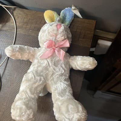 Vintage Plush Rabbit 13” Multicolored Ears With Pink Bow 🎀 - Thumbnail 3