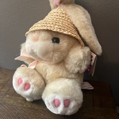 Vtg Preferred Plush Bunny Rabbit Spring Straw Hat Stuffed Animal Plush Easter - Image 1