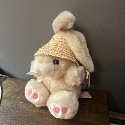Vtg Preferred Plush Bunny Rabbit Spring Straw Hat Stuffed Animal Plush Easter - Thumbnail 2