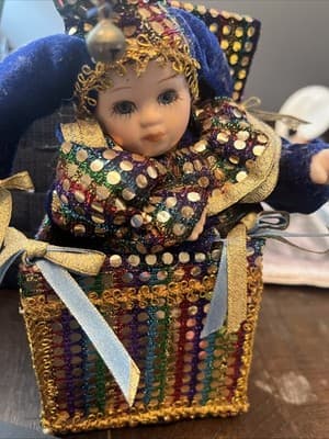 Vintage Porcelain Jester Clown In Wind Up Music Box Blue Melody “Swan Lake” - Image 1