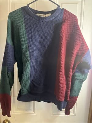 Vtg 90s Claiborne Sweater Mens Colorblock Textured Knit Grandpa Large EUC - Thumbnail 2