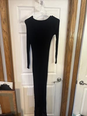 womens Long Black Ribbed Sress By herra Collection Long Sleeve And Slit Size L - Thumbnail 4