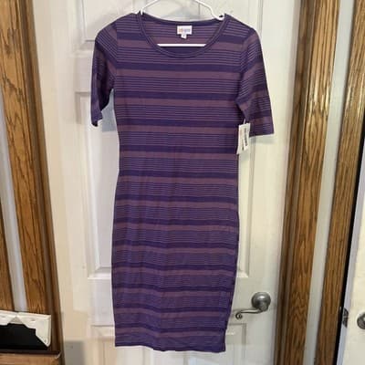 Lularoe Womens Julia Dress Size XS Purple Striped Stretch Bodycon Midi Casual - Image 1