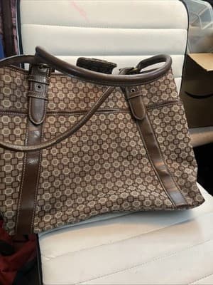 9 West Brown Pattern Briefcase satchel faux leather and cloth 16" X 12" X 5" - Image 1
