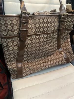 9 West Brown Pattern Briefcase satchel faux leather and cloth 16" X 12" X 5" - Thumbnail 4