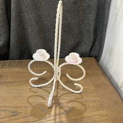Vintage White Metal Twisted Rope Candle Holder - Image 1
