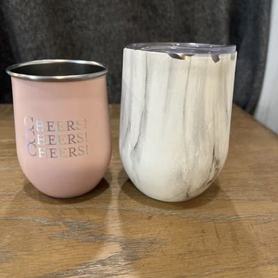 Set Wine Tumblers (2) Cheers And White Marble Stainless Steel Only One Lid - Image 1