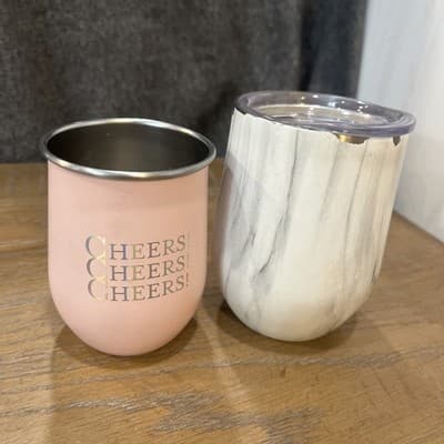 Set Wine Tumblers (2) Cheers And White Marble Stainless Steel Only One Lid - Thumbnail 2