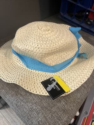 Hat Sun Hat Chapeau Womens One Size Straw Look With Black Band and Bow New NWT - Thumbnail 2