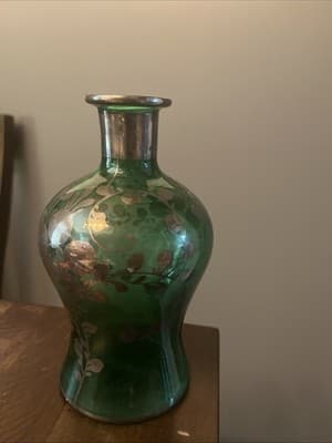 Venetian Emerald Green Blown Glass Decanter Silver Overlay Without Glasses - Thumbnail 2