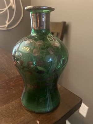 Venetian Emerald Green Blown Glass Decanter Silver Overlay Without Glasses - Image 1