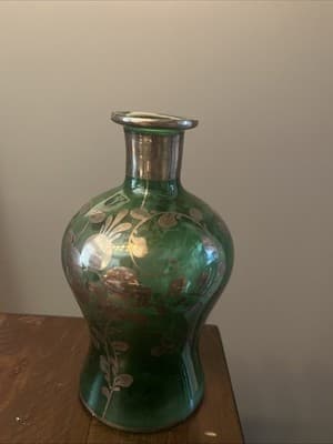 Venetian Emerald Green Blown Glass Decanter Silver Overlay Without Glasses - Thumbnail 3