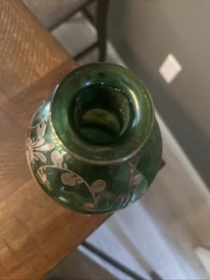 Venetian Emerald Green Blown Glass Decanter Silver Overlay Without Glasses - Thumbnail 4