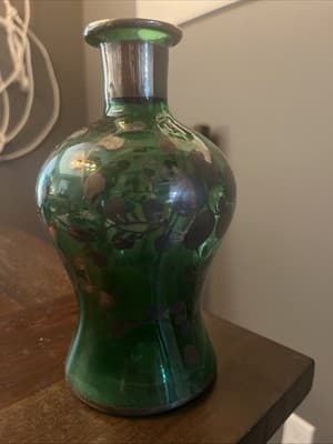 Venetian Emerald Green Blown Glass Decanter Silver Overlay Without Glasses - Thumbnail 5