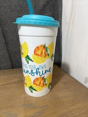 Lemons 75oz “Bring Your Own Sunshine” Party Plastic Tumbler Cup W Lid & Straw - Image 1