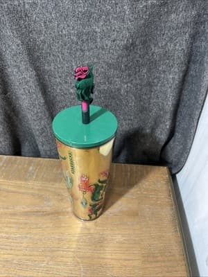 Starbucks 2024 Holiday Gold Mirror Ornament Floral Tumbler 24oz Venti With Straw - Thumbnail 3