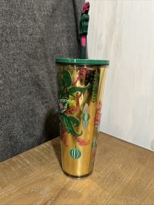 Starbucks 2024 Holiday Gold Mirror Ornament Floral Tumbler 24oz Venti With Straw - Thumbnail 4
